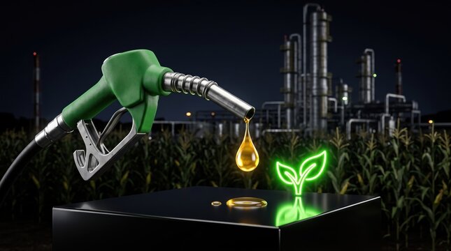 Green fuel nozzle dripping biofuel near corn field and refinery