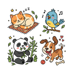Naklejka premium Cute Cartoon Animal Sticker Set with Cat Bird Panda and Dog
