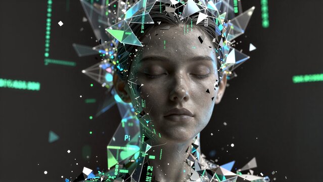 A serene woman with digital fragments and glowing code around her head.