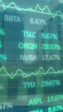 Animation of financial data processing over cityscape