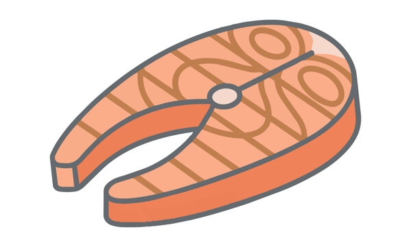 Minimalist line art icon of a grilled salmon fillet with rising steam lines on a solid white background, healthy food and culinary concept