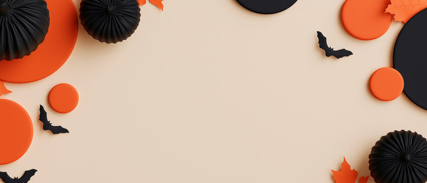 Spooky Halloween Border: A festive arrangement of orange and black Halloween-themed decorations, including round cutouts, pleated paper balls resembling pumpkins, small bat figures.