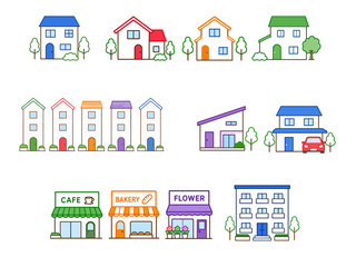 Fototapeta premium Colorful houses shops and buildings illustration set