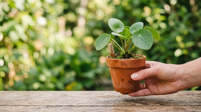 shot of a male hand gently holding a small terracotta pot containing a vibrant green Pilea Peperomioides plant, also known as Chinese money plant or pancake plant, featuring round
