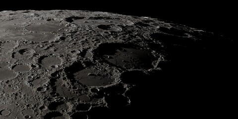 Close-up 4K view of the lunar surface craters and deep shadows on a black background. © TF_studios
