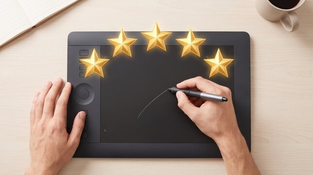of artist hands using graphic tablet and stylus pen for digital drawing. Five golden stars floating above the device representing excellent quality, customer satisfaction