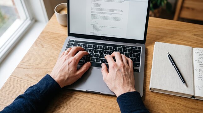 of freelancer hands typing code on laptop keyboard near window. Home office desk setup with open notebook and pen for taking notes. Screen displaying programming script text