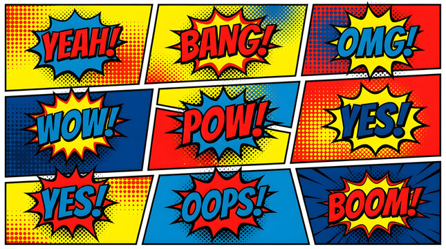 Comic book speech bubbles with halftone dots form a vibrant pattern