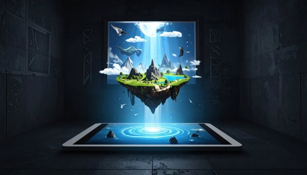 Floating fantasy island in digital world.