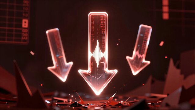 Red glowing arrows signal data decline amid a digital decay landscape.