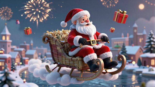 Santa flies on sleigh through snowy town, gifts floating as fireworks burst overhead.