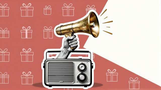 Handheld megaphone blasts gift announcements from vintage radio against festive backdrop.