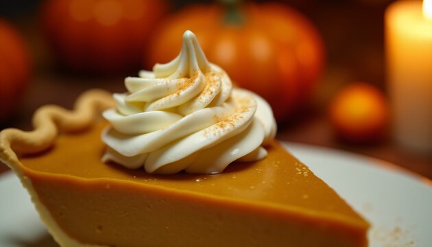 Close up slice of pumpkin pie with whipped cream and cinnamon dusting