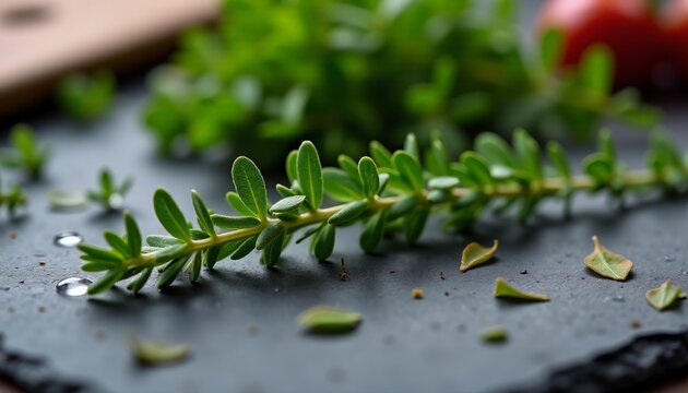 Fresh green thyme sprig on dark slate with water droplets macro