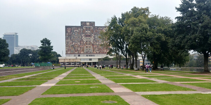 Mexico City, Mexico &ndash; Oct 6, 2018: UNAM Central Library at the National Autonomous University of Mexico, famous for its monumental facade covered in a mosaic designed by Juan O'Gorman