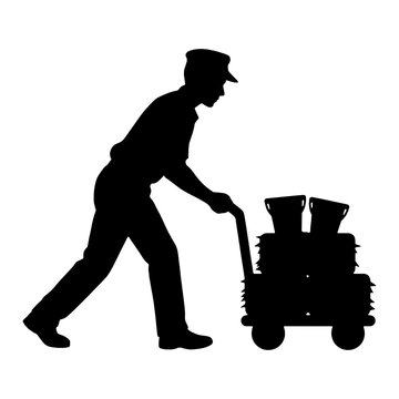 Black silhouette of laborer pushing loaded trolley on white background