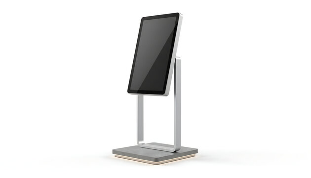A modern white digital information kiosk with a vertical touch screen isolated on white.