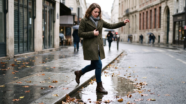 Woman steps carefully over a puddle on a wet sidewalk
