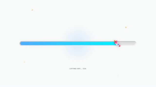 Blue progress bar with rocket animation on white background for digital loading process status graphic display, perfect for technology projects.