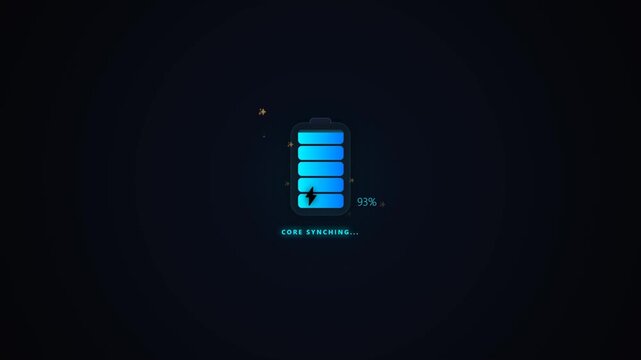 Glowing blue battery indicator icon ideal for digital projects. Modern neon light graphic suitable for darkthemed displays.