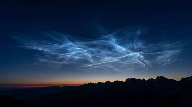 Electric blue noctilucent clouds over dark mountain range silhouette at night.