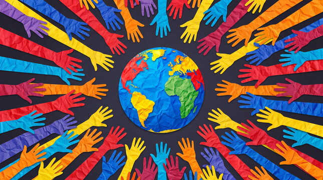 Conceptual image featuring colorful paper cutout hands reaching toward a globe, symbolizing global unity, diversity, inclusion, and environmental protection.