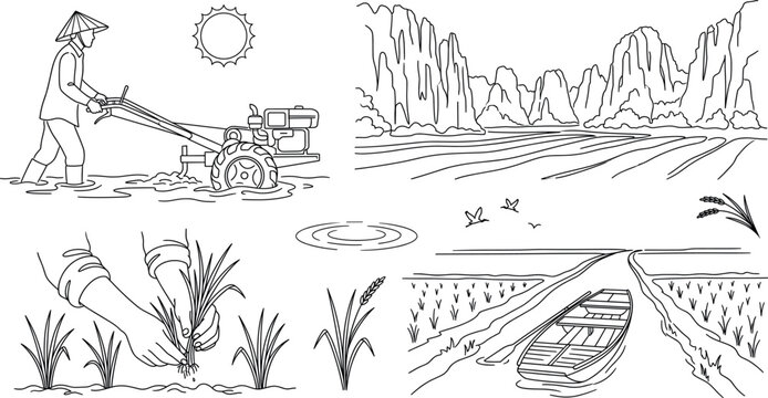 Asian rice farming vector bundle featuring farmer with tractor terrace fields hands planting crops mountains and wooden boat