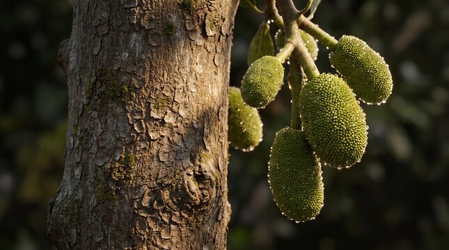 Dew drops on young green jackfruit hanging from a textured tree trunk