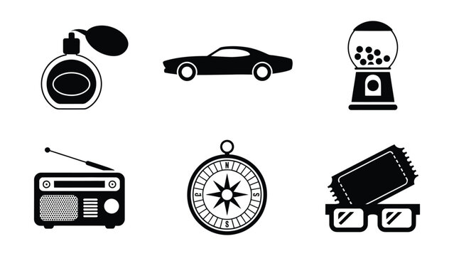 Collection of six black and white icons illustrating a perfume bottle sports car gumball machine radio compass and sunglasses in a minimalistic style