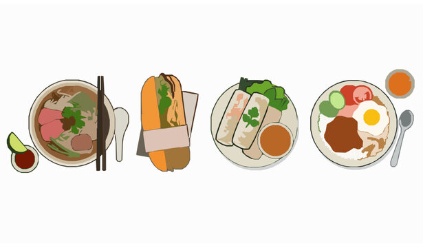 A top down view illustration of various traditional vietnamese food dishes including pho banh mi and spring rolls