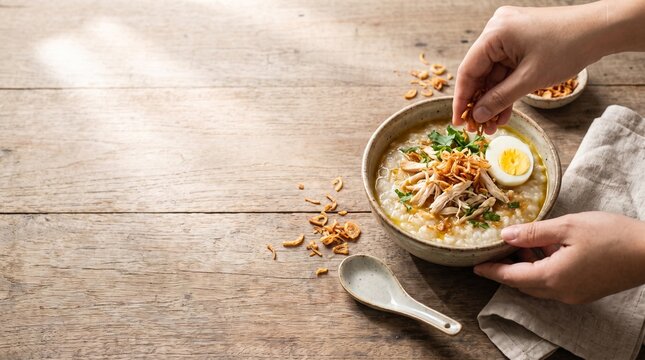Sprinkling fried shallots on bubur ayam chicken porridge