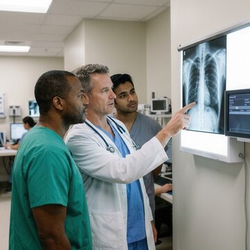 Medical Professionals Collaborating On X-Ray Examination In Modern Hospital Setting