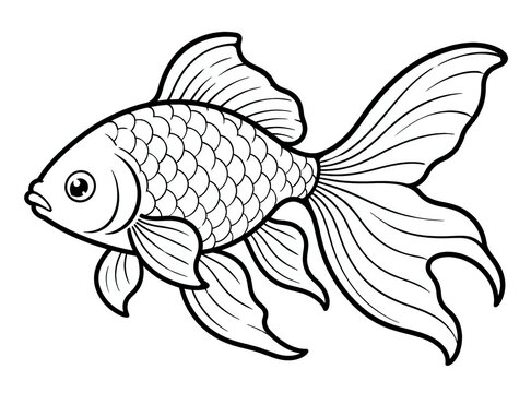 Black and white line art illustration of a beautiful goldfish with detailed scales and flowing fins