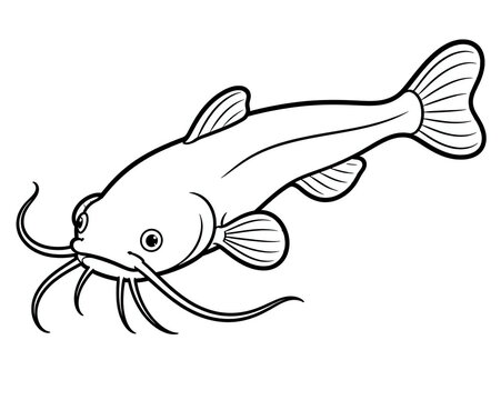 A simple black and white line drawing of a catfish isolated on a plain white background