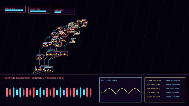 Three panels showing quantum encryption node data flow with shifting charts and cascading line diagrams on a dark monitor for advanced cybersecurity analytics and system monitoring