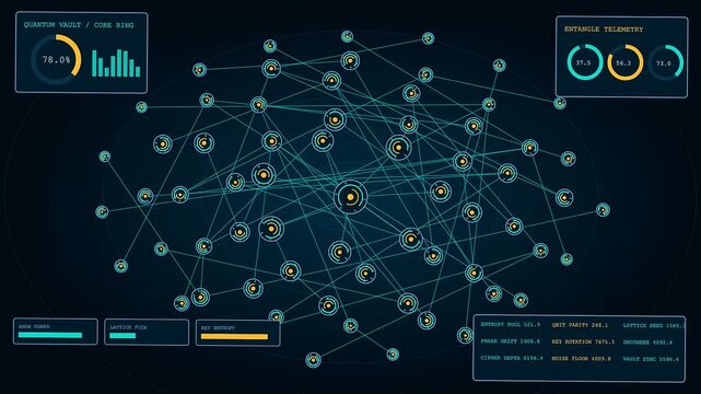 Quantum encryption nodes appearing as glowing blue connections within a dark digital interface showing data flow network expansion for modern communication and complex cyber security system analysis