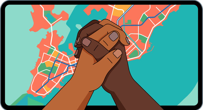 A flat vector art illustration showcasing a digital tablet displaying a colorful stylized map with intertwined hands of two different skin tones, symbolizing unity and connection.