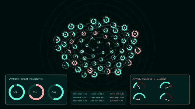 Complex quantum encryption nodes expand across three digital interfaces showing geometric signal growth within a dark void monitored by glowing circular charts and telemetry metrics