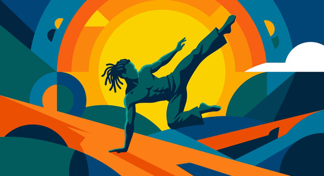 A vibrant flat vector illustration featuring a stylized person with dreadlocks performing an athletic dance or martial arts move against a bold, colorful sunset background.