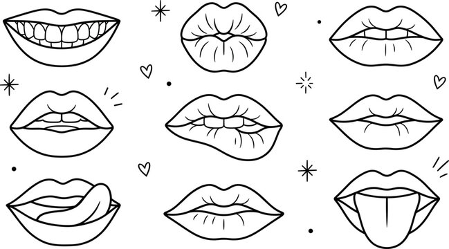 Cute lips expressions vector line art set with smile kiss biting tongue sticking out and hearts elements illustration