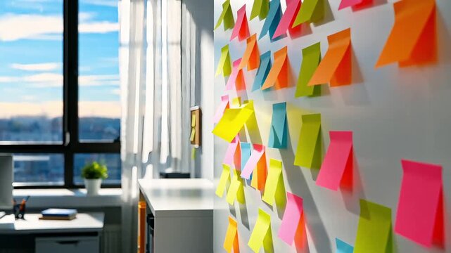 Glass partition wall covered with colorful square sticky notes in bright modern workspace