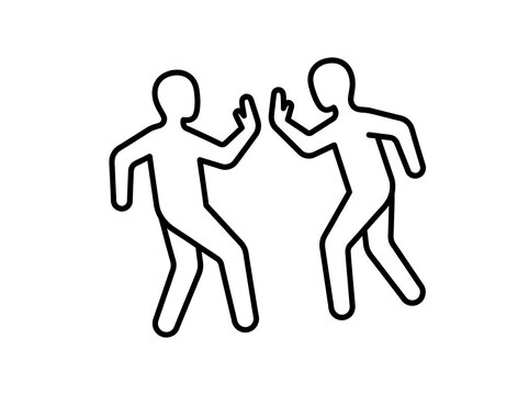 Two stick figure people holding hands and walking together