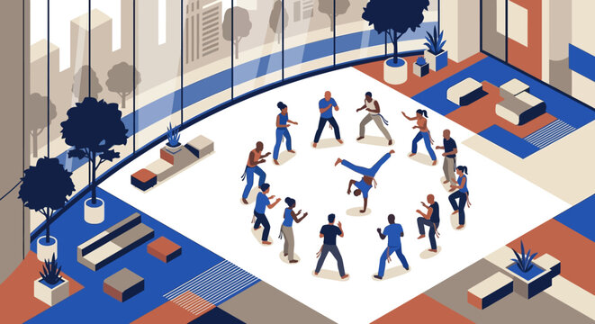 A stylish flat design vector illustration featuring a diverse group of people practicing capoeira in a modern office or minimalist indoor studio setting with plants.