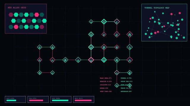 Complex quantum encryption nodes expand across a glowing digital interface while interconnected network pathway diagrams evolve within a dark virtual simulation panel for advanced monitoring software
