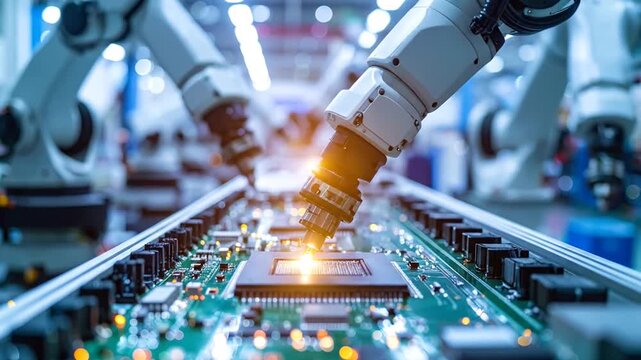 Industrial robotic arm performing precision electronic component assembly on a printed circuit board in a high-tech manufacturing facility
