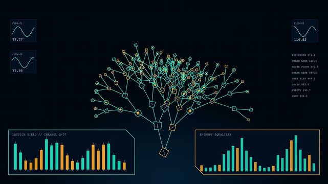 Quantum encryption interface featuring complex data visualizations with glowing lines and geometric nodes organized in a sleek digital environment for modern computing and network security analysis