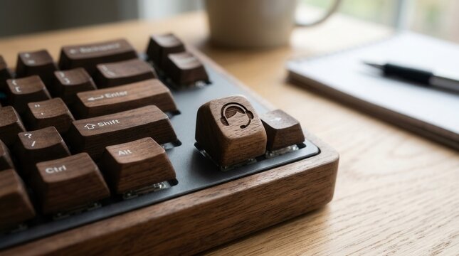 Close-up of a wooden mechanical keyboard with a headset icon keycap, set on a wooden desk next to a notebook and pen.