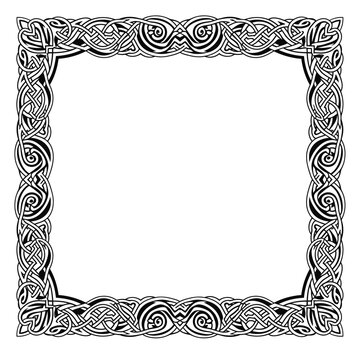 Intricate Celtic Knot Border Frame Design, Decorative Medieval Scrollwork, Black and White Vector Art