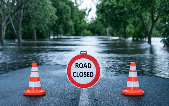 Severe Flooding Causes Roadway Blockage in Suburban Area with Warning Sign and Cone Barriers