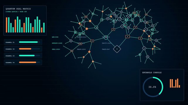 a complex quantum encryption interface visualizes data patterns as growing neural network nodes with loading charts and fluctuating progress circular displays in a dark digital environment